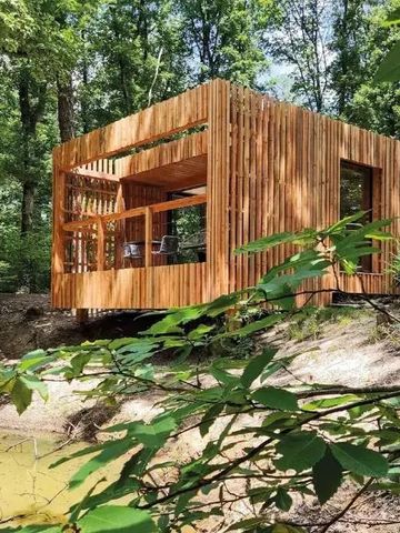 Moderne Holzhütte inmitten eines Waldes mit natürlichem Ambiente