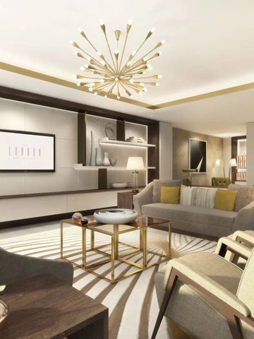 Stilvoll eingerichtetes Wohnzimmer mit moderner Beleuchtung und komfortablen Sofas.