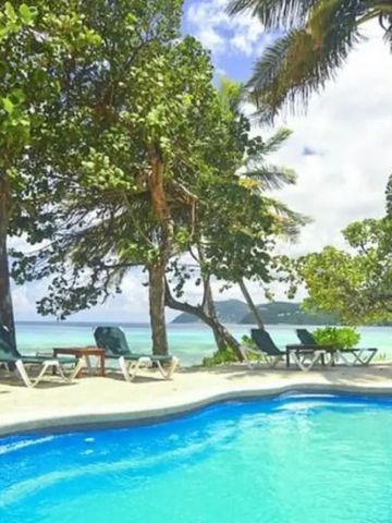 Blick auf einen Pool mit Sonnenliegen und Bäumen vor dem Meer