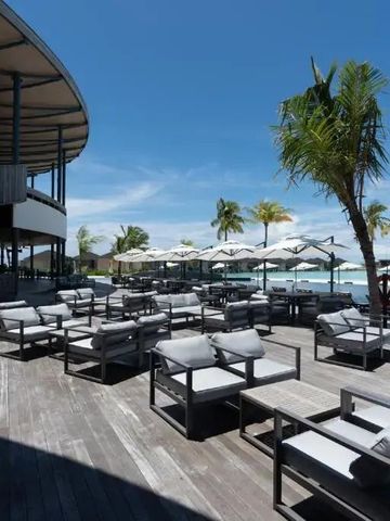 Terrasse mit Meerblick und Sitzmöbeln unter Palmen