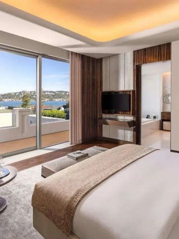 Hotelzimmer mit großem Bett und Ausblick auf den Bosporus durch eine große Fensterfront.
