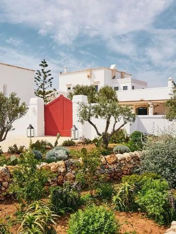 Garten mit Olivenbäumen und traditioneller Architektur mit rotem Tor