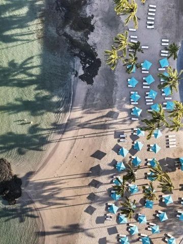 Luftaufnahme eines Strandes mit blauen Sonnenschirmen und Palmen