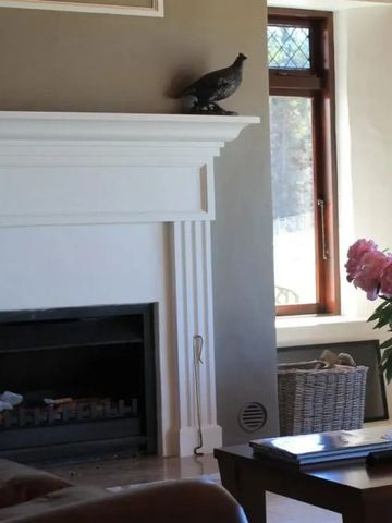 Gemütlicher Wohnbereich mit Kamin, Ledersofa und Blumenarrangement