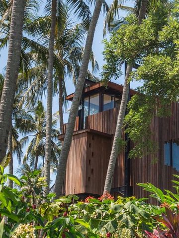 Futuristische Architektur aus Holz umgeben von üppiger Vegetation und Palmen