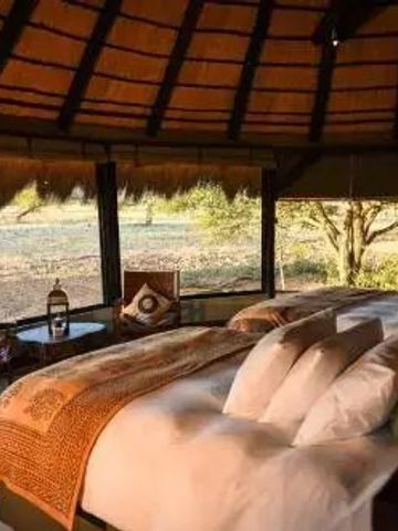 Gemütliche Lodge-Schlafzimmer mit Blick auf die Natur durch große Fenster im Okonjima Luxury Bush Camp.