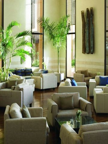 Elegante Lobby mit stilvollen Sesseln und hohen Pflanzen bei Tageslicht