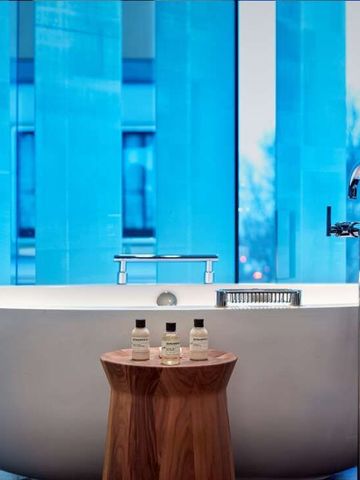 Freistehende Badewanne im Park Hyatt Zurich neben blauen raumhohen Fenstern