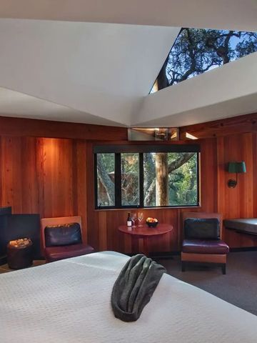 Modernes Zimmer mit großem Fenster und Blick auf die Bäume