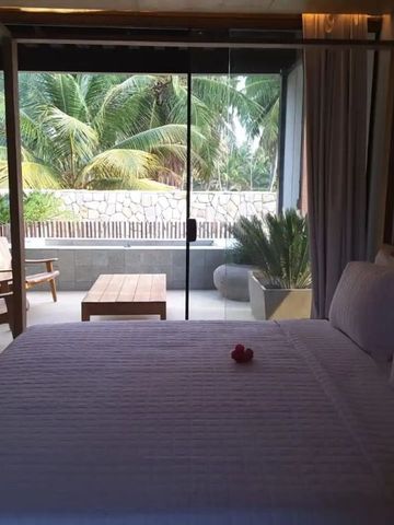 Gemütliches Bett mit Blick auf Palmen durch große Fensterfront.