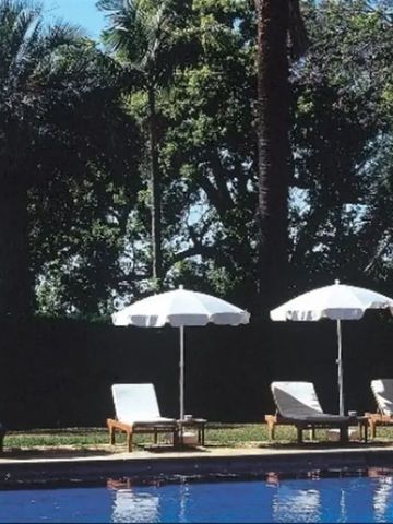 Sonnenliegen am Rande eines Pools mit üppiger Vegetation