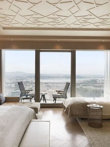 Geräumiges Zimmer mit großer Fensterfront und Blick auf Istanbul