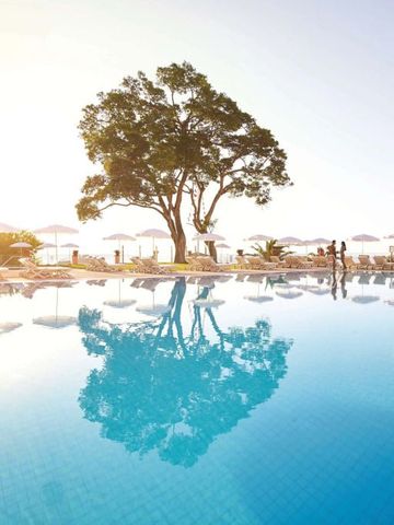 Pool mit strahlend blauem Wasser und einem Baum im Sonnenuntergang