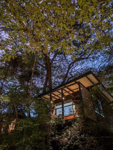 Baumhaus unter einem dichten Blätterdach bei Abenddämmerung