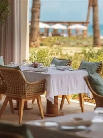 Restaurantterrasse mit Blick auf den Ozean im Hintergrund