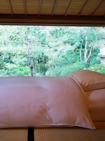 Nahe Ansicht von Betten in einem Zimmer mit Blick auf einen grünen, üppigen Garten.