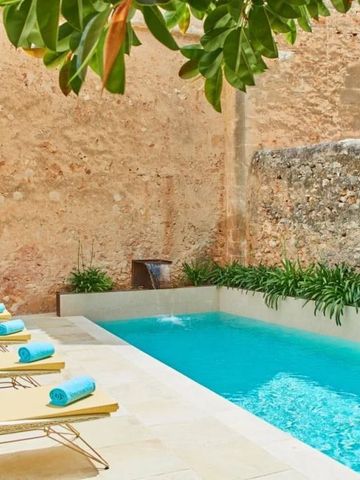 Sonnenterrasse mit Liegen und einem kleinen Pool im Innenhof