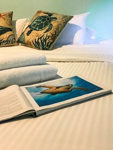 Bett mit Ozean-Themen-Kissen und geöffnetem Buch über Meeresschildkröten