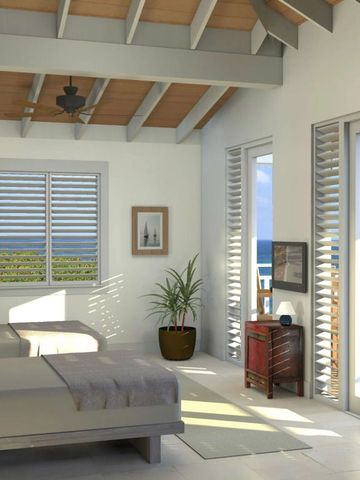 Geräumiges Zimmer mit hohen Decken, Holzbalken und Terrasse mit Meerblick