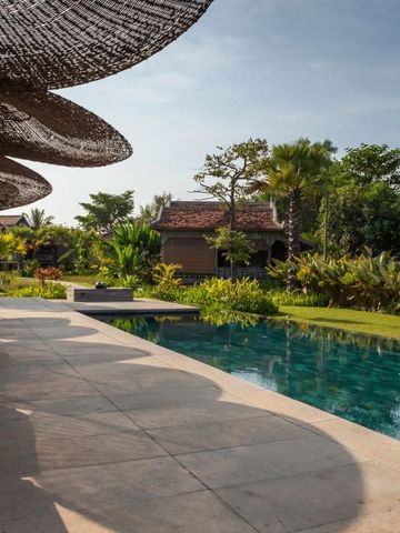 Sonnige Poollandschaft mit Liegen und tropischem Garten