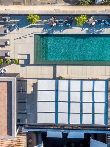 Luftbild eines Rooftop-Pools mit Liegen und Pflanzen