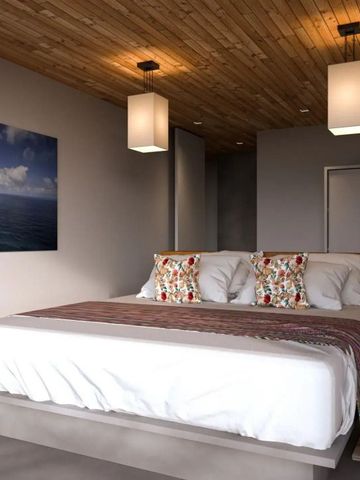 Modern eingerichtetes Zimmer mit Doppelbett und Holzakzenten