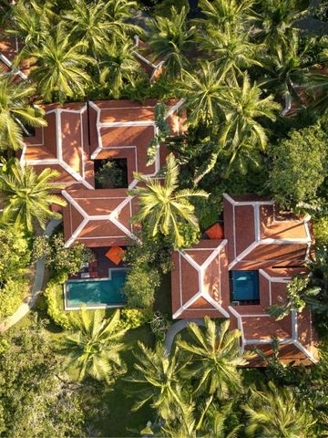 Villen mit roten Dächern inmitten dichter tropischer Vegetation.