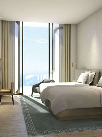 Modernes Hotelzimmer mit großem Fenster und Meerblick, elegant eingerichtet