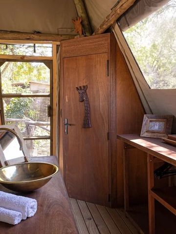 Innenansicht eines stilvollen Zimmers mit Holzmöbeln und Waldlandschaft im Hintergrund