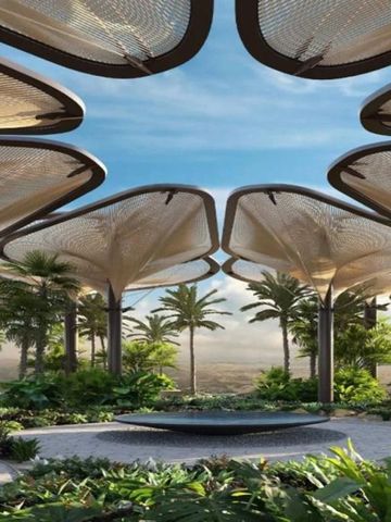 Moderne architektonische Struktur mit Pflanzen in einer wüstenhaften Umgebung.