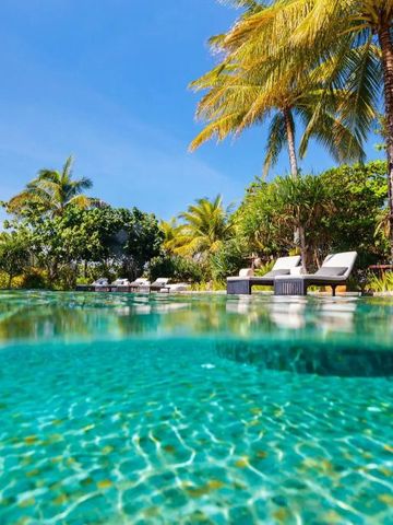 Kristallklarer Pool unter Palmen mit Blick auf den blauen Himmel