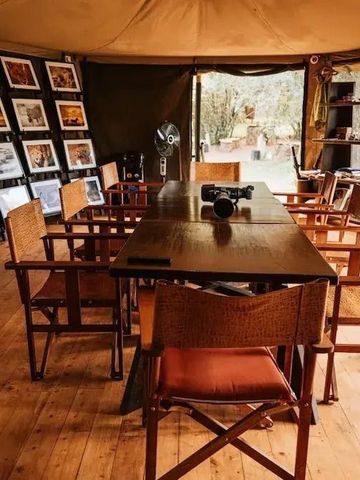 Holzgetäfelter Raum mit Kunstwerken und Tischen im Safari-Stil