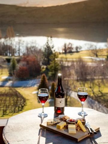 Wein und Käseplatte auf Terrasse mit Blick auf malerische Landschaft