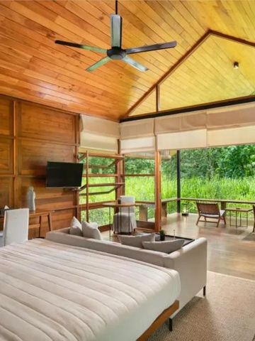 Gehobenes Zimmer mit Holzwänden und Blick auf die Natur