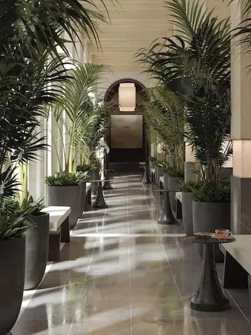 Stilvoll gestalteter Hotelgang mit üppigen Pflanzen und heller Gestaltung