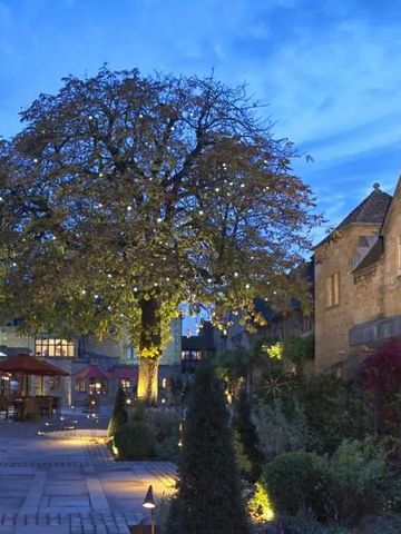 Gartenblick bei Abenddämmerung mit blühenden Pflanzen und beleuchteten Wegen