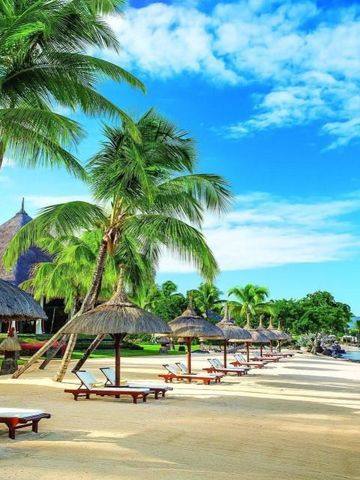 Weißer Sandstrand mit Palmen und Sonnenliegen am Ozean