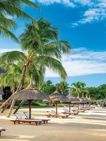 Sandstrand mit Palmen und Strohdach-Liegen, blauem Himmel