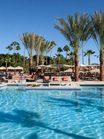 Swimmingpool umgeben von Palmen und Liegestühlen