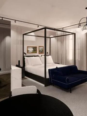 Modernes Schlafzimmer mit Himmelbett und eleganter Beleuchtung