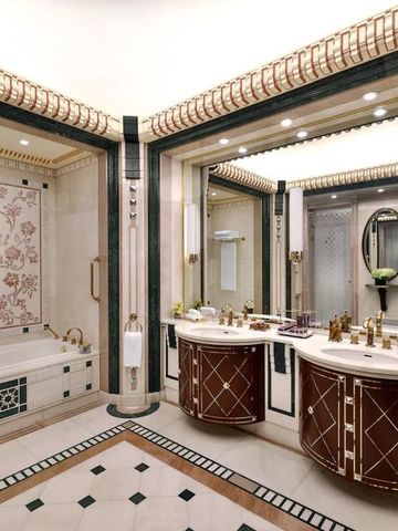 Elegantes Badezimmer mit kunstvollen Fliesen und Doppelwaschbecken