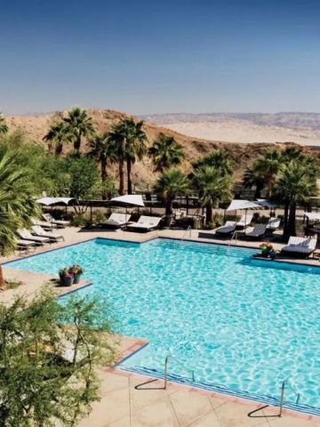 Geräumiger Außenpool umgeben von Palmen mit atemberaubendem Ausblick