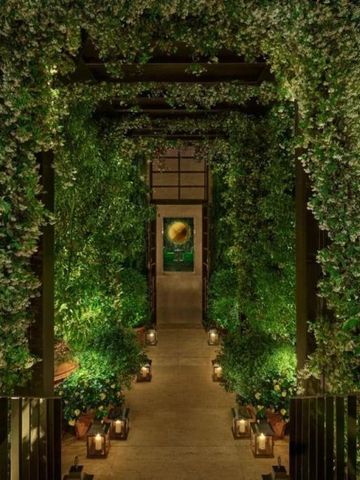 Überdachter Durchgang mit üppiger grüner Vegetation und Laternenbeleuchtung