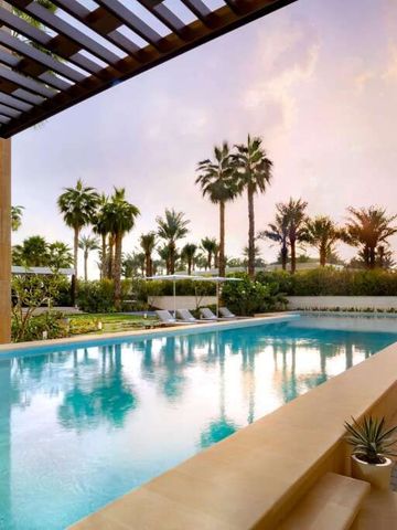 Luxuriöser Pool mit Palmen im Hintergrund bei Sonnenuntergang