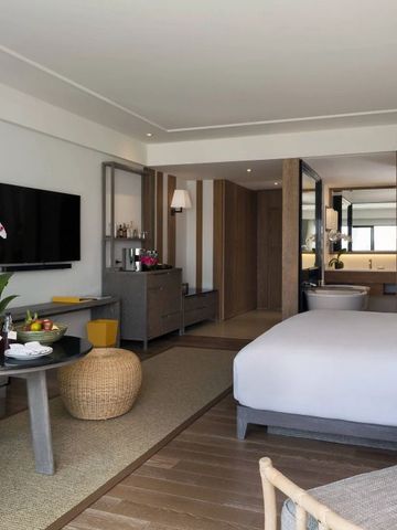 Luxuszimmer mit TV und offener Badewanne in gemütlicher Atmosphäre.