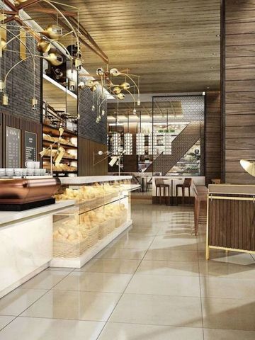 Modernes Café mit stilvollen Holzelementen und eleganter Beleuchtung