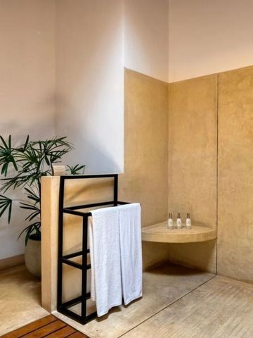 Moderne Dusche mit Betonwänden und Pflanzen akzentuiert