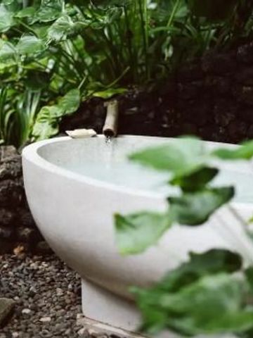 Freistehende Badewanne in einem üppig grünen Garten