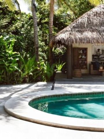 Runder Pool mit tropischen Pflanzen und Palmen