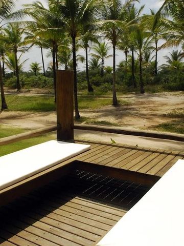 Holzterrasse mit Liegen und Blick auf Palmen